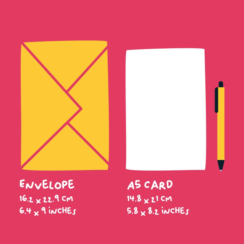 May include: A yellow envelope with a white background and a white sheet of paper with a yellow pen. The envelope is 6.4 inches by 9 inches and the paper is 5.8 inches by 8.2 inches.