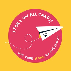 May include: A red circle with white text that says "3 FOR 2 ON ALL CARDS! USE CODE 3FOR2 AT CHECKOUT". A white paper airplane with a smiling face flies out of the circle.