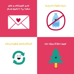 May include: A graphic illustration of four eco-friendly practices for packaging and shipping. The first image shows a white envelope with a red heart, with the text "ADD A MESSAGE AND SEND DIRECT TO THEM". The second image shows a red circle with a diagonal line through it, with a blue water bottle with a smiling face inside. The text "PLASTIC-FREE POST" is above the image. The third image shows a green recycling symbol with a smiling face, with the text "RECYCLABLE PACKAGING" above the image. The fourth image shows a green Christmas tree with a smiling face, with the text "FSC CERTIFIED CARD" above the image.