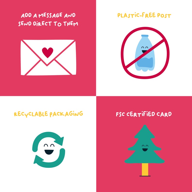May include: A graphic illustration of four eco-friendly practices for packaging and shipping. The first image shows a white envelope with a red heart, with the text "ADD A MESSAGE AND SEND DIRECT TO THEM". The second image shows a red circle with a diagonal line through it, with a blue water bottle with a smiling face inside. The text "PLASTIC-FREE POST" is above the image. The third image shows a green recycling symbol with a smiling face, with the text "RECYCLABLE PACKAGING" above the image. The fourth image shows a green Christmas tree with a smiling face, with the text "FSC CERTIFIED CARD" above the image.