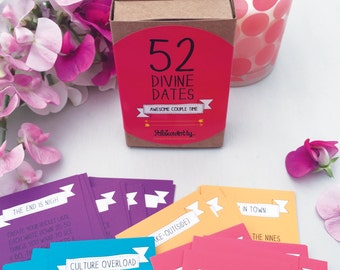 Date night Ideas, Romantic Gift, date night cards, Anniversary gifts, paper anniversary, 52 Divine Dates, Boyfriend Gift, date night jar