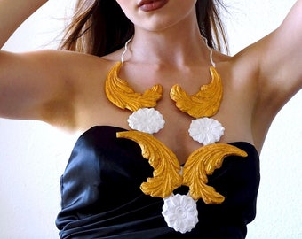 Gold White, Contemporary Papier mache' Necklace, modular jewelry, Paper mache necklace, Gift for her, modern, floral, art decò.