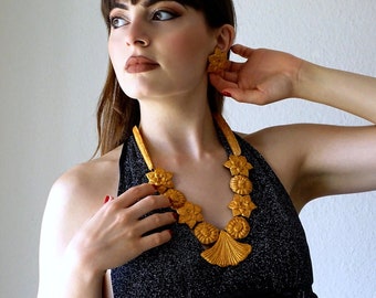 Black & Gold Contemporary Paper Necklace, modular  jewelry, papier mache' necklace , Gift Ideas, paper art, floral jewelry