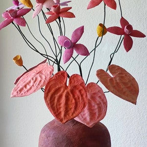 Paper mache flowers composition, vase with paper mache flowers and leaves, table decoration, home decor, anniversary, Centerpiece image 1