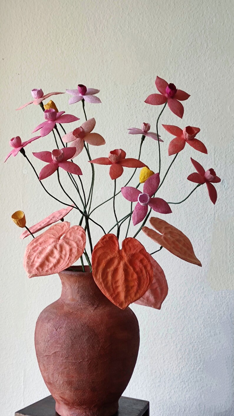 Paper mache flowers composition, vase with paper mache flowers and leaves, table decoration, home decor, anniversary, Centerpiece image 4