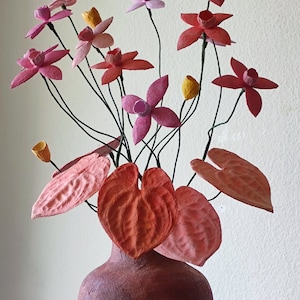 Paper mache flowers composition, vase with paper mache flowers and leaves, table decoration, home decor, anniversary, Centerpiece image 3