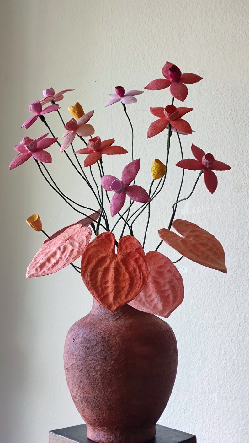 Paper mache flowers composition, vase with paper mache flowers and leaves, table decoration, home decor, anniversary, Centerpiece image 3