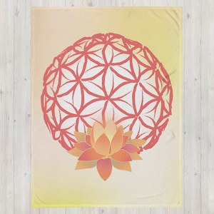 May include: A red and white geometric pattern in the shape of a circle with a yellow and orange lotus flower in the center. The background is a light yellow.