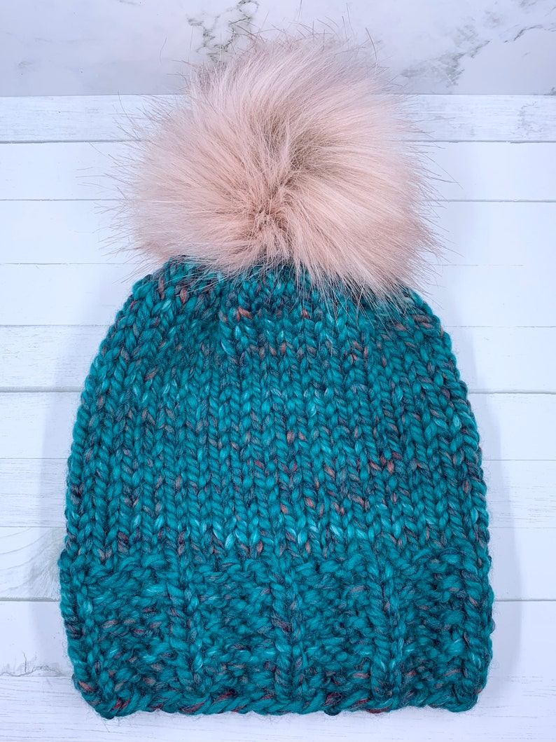 Knit Hat Ready to Ship TEAL Faux Fur Pom Pom Chunky Knit Beanie