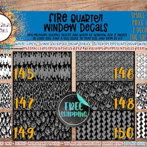 May include: A collection of fire-themed window decals labeled 145 through 150, featuring various flame patterns in black and white. The display includes text indicating size options of 12x24 inches and 10x10 inches for these vinyl adhesive designs.