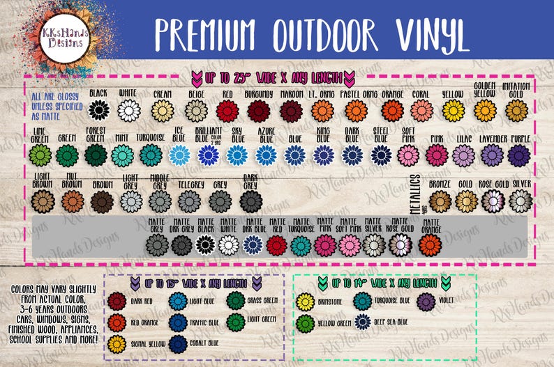 May include: A color chart for premium outdoor vinyl featuring rows of flower-shaped icons representing various color options. The chart includes text labels for each color, metallic finishes, and specific width dimensions up to 25 inches wide.