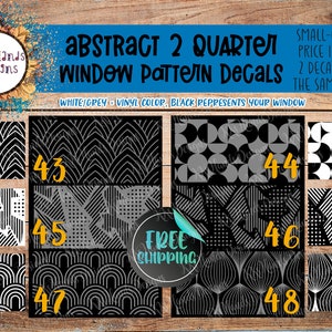 May include: A collection of abstract quarter window pattern decals labeled 43 through 48. The designs feature geometric lines, circles, and arches in white and grey vinyl against a black background, showcasing various repeating graphic motifs.