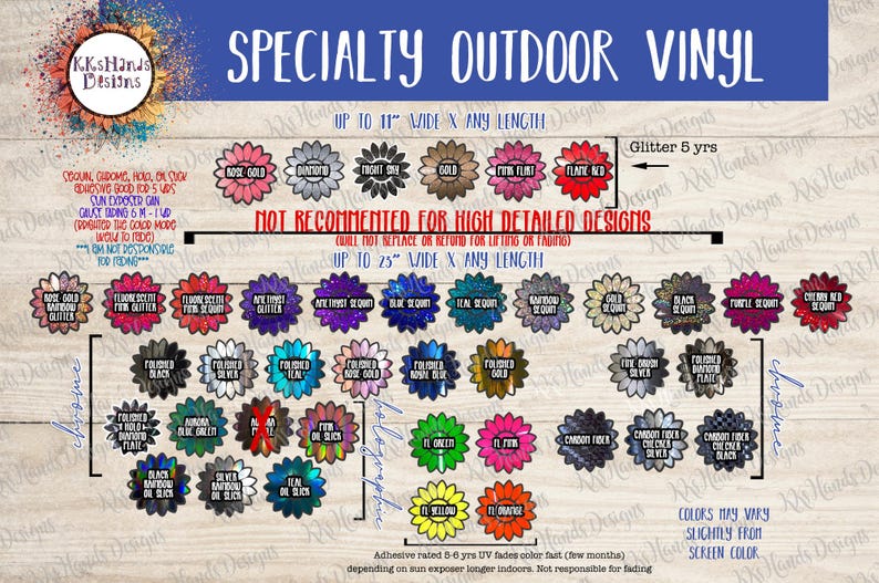 May include: A specialty outdoor vinyl color chart featuring numerous flower-shaped swatches in various finishes including glitter, chrome, holographic, and carbon fiber. The chart includes text labels for widths up to 11 inches and 25 inches.
