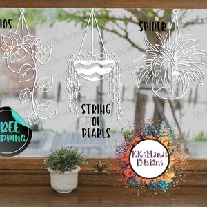 May include: Three white line drawings of hanging plants on a window. The plants are labeled "Pothos", "String of Pearls", and "Spider". A black circle with the text "FREE SHIPPING" is in the lower left corner. A colorful circle with the text "KKsHands Designs" is in the lower right corner.
