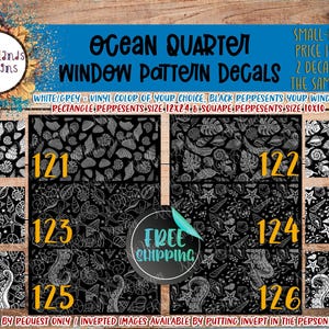 May include: Ocean Quarter window pattern decals with various black and white designs. The decals include seashell, leaf, and starfish patterns. The text on the image says "Ocean Quarter Window Pattern Decals" and "Free Shipping."