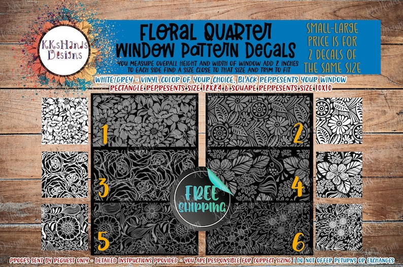 May include: Floral quarter window pattern decals featuring six distinct black and white botanical designs labeled 1 through 6. The rectangular decals are 12x24 inches and the square decals are 10x10 inches, displayed with text instructions.