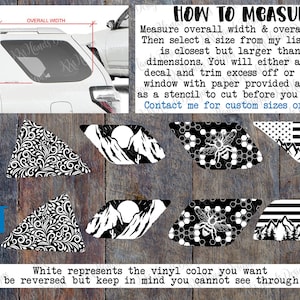 May include: A set of black and white vinyl decals for vehicle windows, featuring four distinct patterns: floral swirls, a mountain landscape, a honeycomb bee design, and an American flag mountain scene, with instructions on how to measure windows.