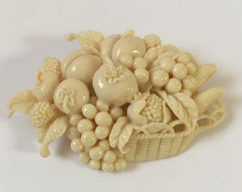 Celluloid Brooch, Fruit Basket Brooch, Fruit Pin, Carved Celluloid Pin, Celluloid from Japan, Hand Carved Brooch, 1940's Celluloid Brooch