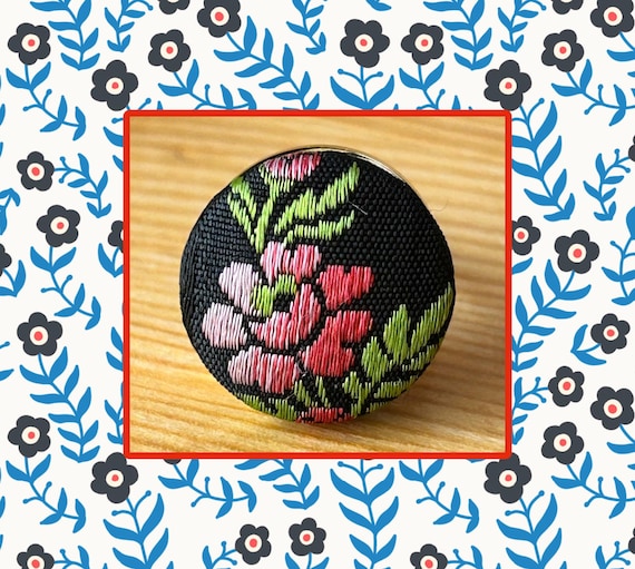 Black Silk Flower Button Ring, Needlepoint Floral… - image 1