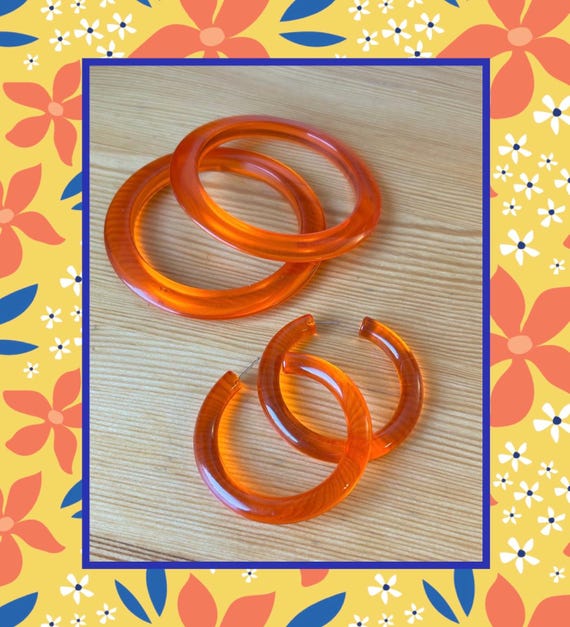 Clear Orange Bangles,Large Orange Hoops,1960’s Lu… - image 5