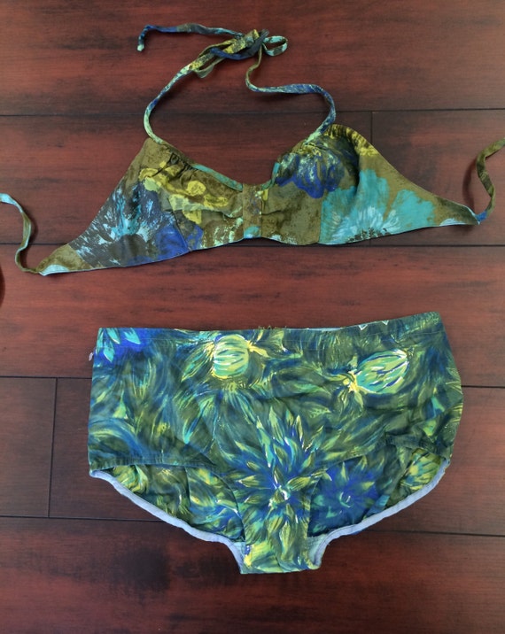 60's Boy Shorts Bikini, Vintage Bathing Suit, Blue
