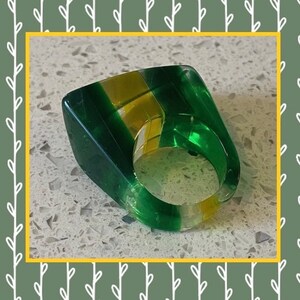 Green Striped Ring,Size 5 Lucite Ring,Yellow Lucite Ring,Statement Ring,Valentine Gift,Gifr For Mom