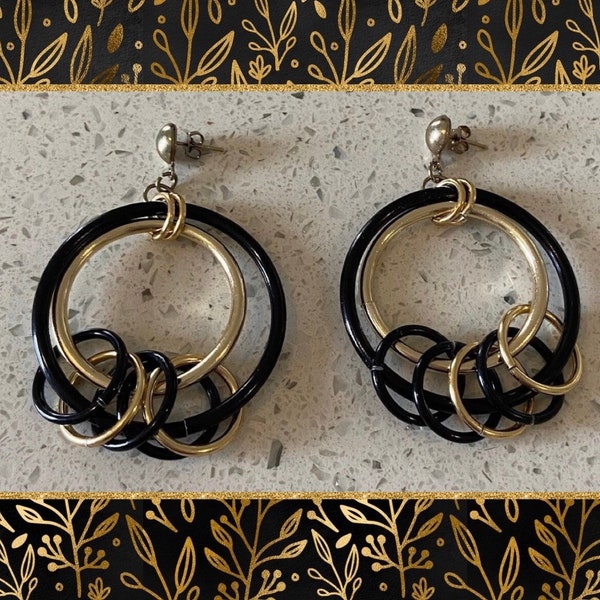 1960's Dangle Earrings,Black Mod Earrings,Black Enamel Drops,Multi hoop Earrings,Birthday Gift