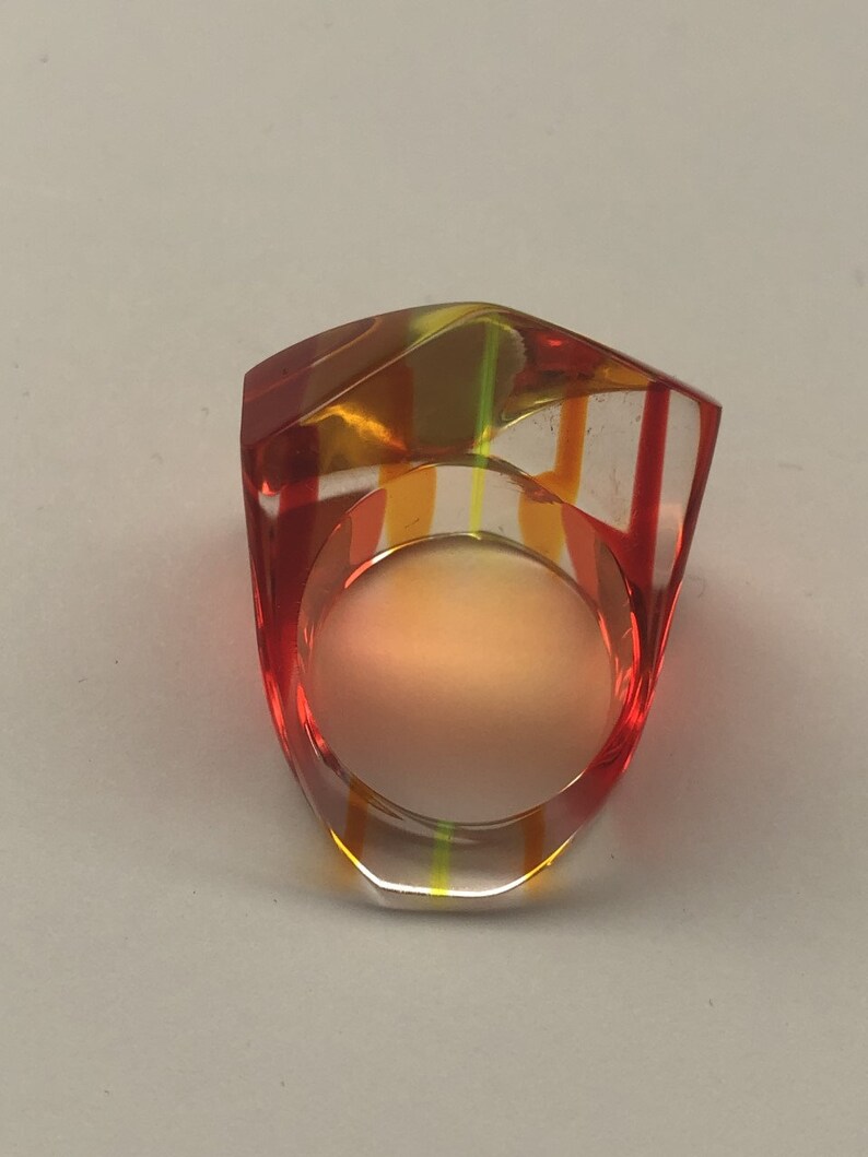 Ring For Her Size 7 12 Ring Red Striped Ring Unique Clear Ring Neon Faceted Lucite Ring Colorful Statement Ring Neon Yellow Lucite