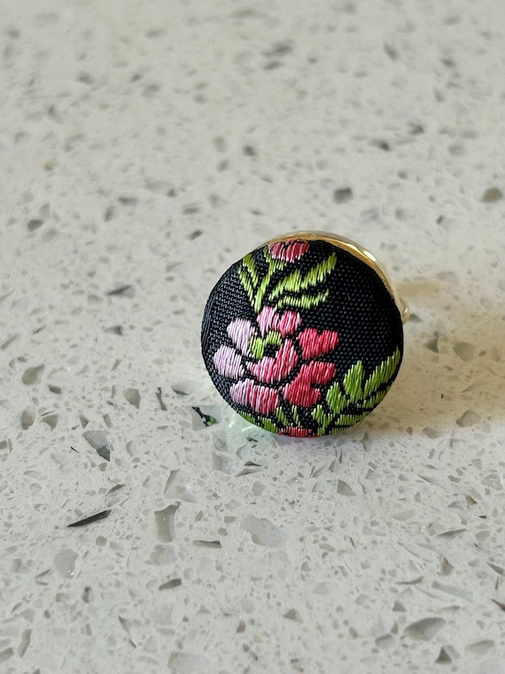 Black Silk Flower Button Ring, Needlepoint Floral… - image 8