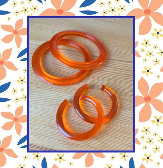 Clear Orange Bangles,Large Orange Hoops,1960’s Lu… - image 1
