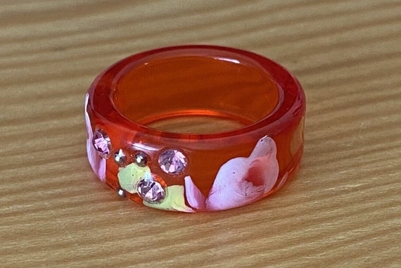 Hand Painted Ring,Lucite Rhinestone Band,Flower R… - image 2