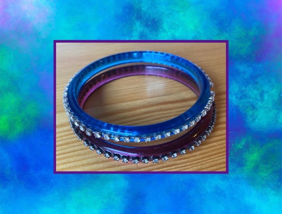 Lucite Rhinestone Bangle Set: Berry Purple & Turq… - image 4