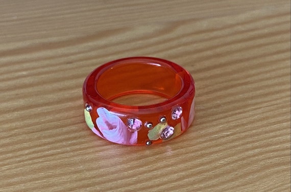 Hand Painted Ring,Lucite Rhinestone Band,Flower R… - image 3