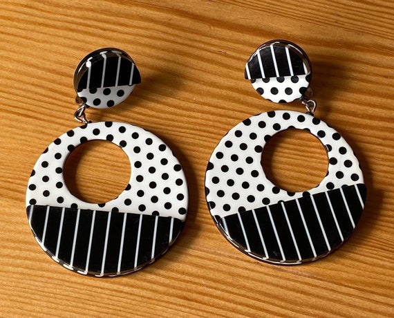 Black And White Clips,1960's Drop Earrings,Birthd… - image 2