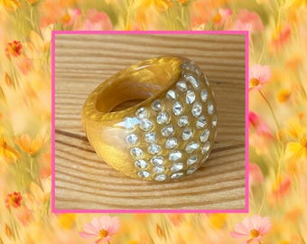 Vintage Rhinestone Lucite Ring, Marbled Gold Statement Ring