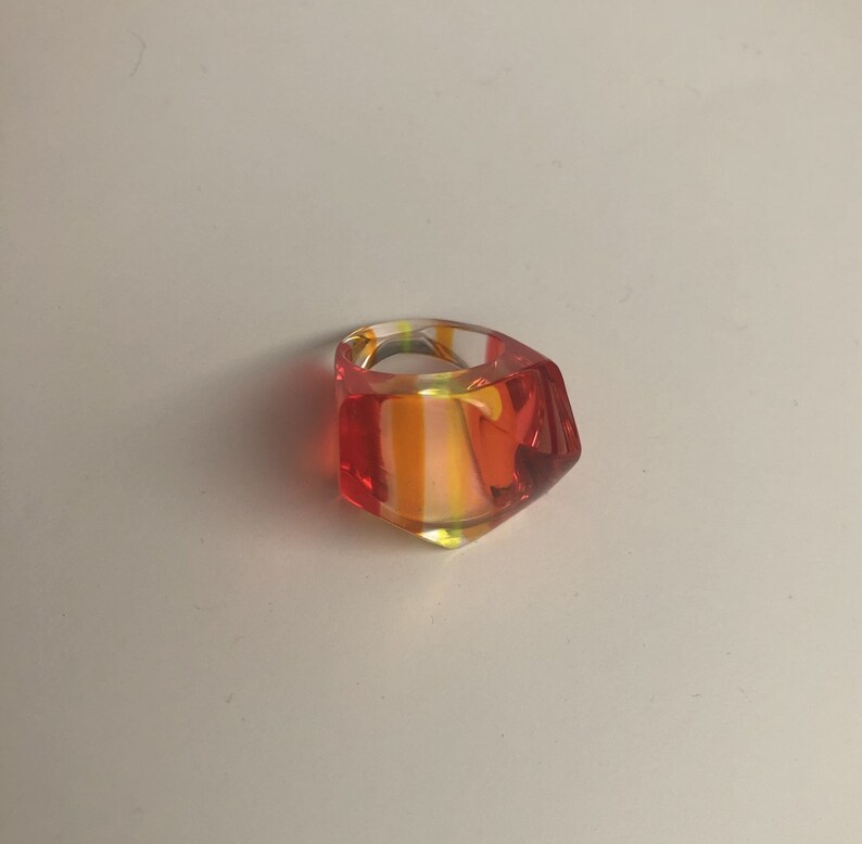 Ring For Her Size 7 12 Ring Red Striped Ring Unique Clear Ring Neon Faceted Lucite Ring Colorful Statement Ring Neon Yellow Lucite