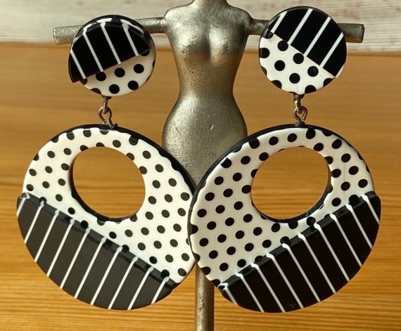 Black And White Clips,1960's Drop Earrings,Birthd… - image 9