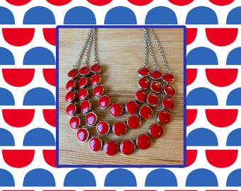 Red Enamel Necklace,Red Bib Necklace, 1960s Gold Enamel Necklace