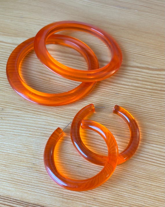 Clear Orange Bangles,Large Orange Hoops,1960’s Lu… - image 8