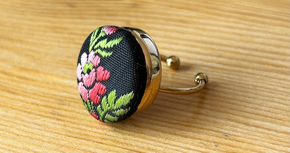 Black Silk Flower Button Ring, Needlepoint Floral… - image 2