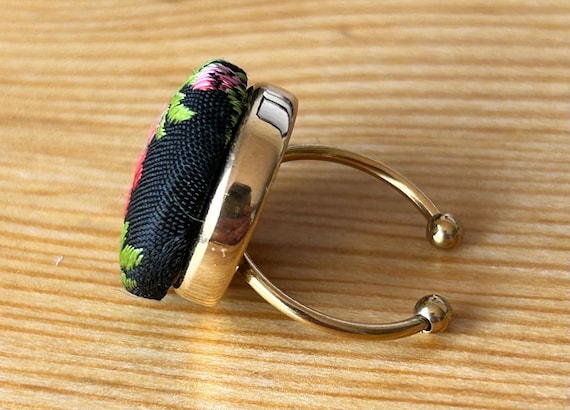 Black Silk Flower Button Ring, Needlepoint Floral… - image 3