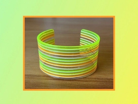 Striped Mod Cuff,Neon 1960's Cuff,Green Neon Cuff… - image 1