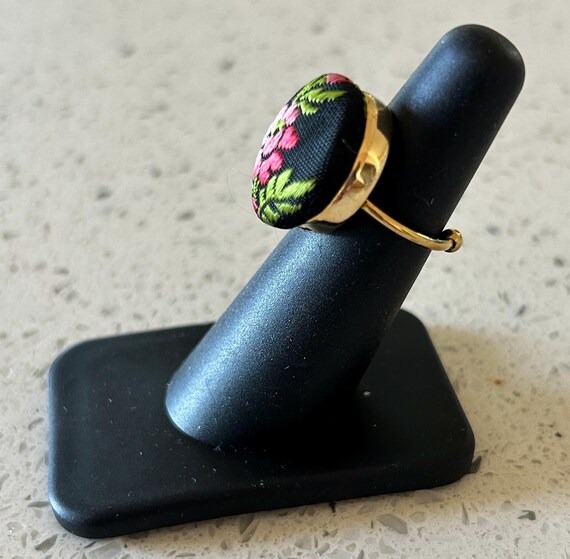 Black Silk Flower Button Ring, Needlepoint Floral… - image 6