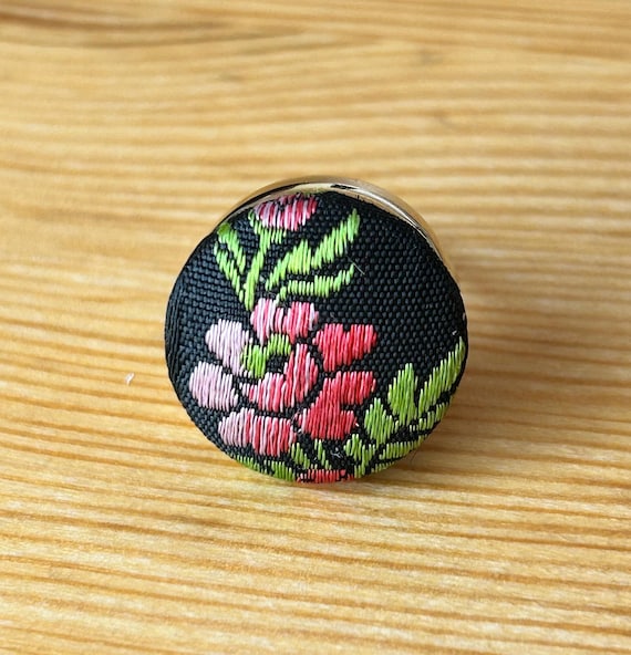 Black Silk Flower Button Ring, Needlepoint Floral… - image 5