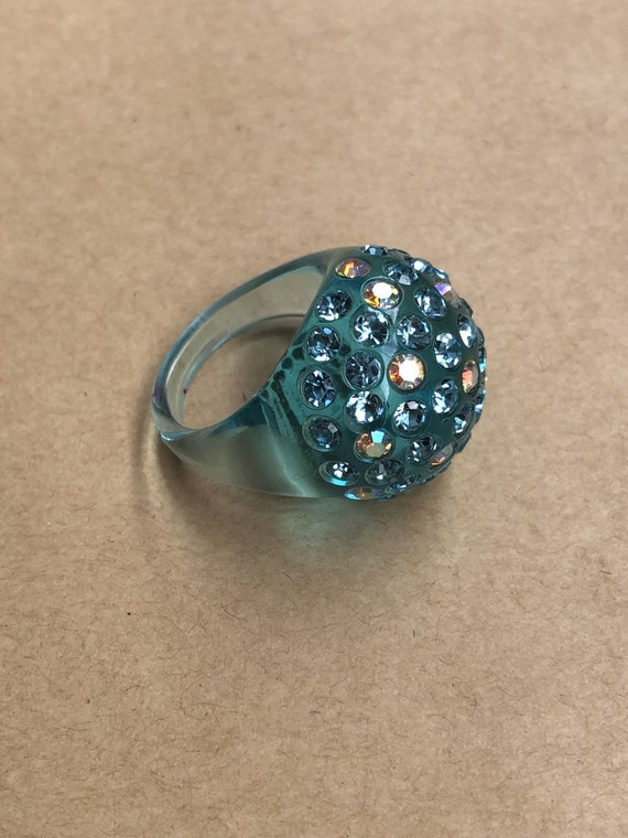 Blue Bubble Ring, Clear Lucite Ring, Rhinestone Ri