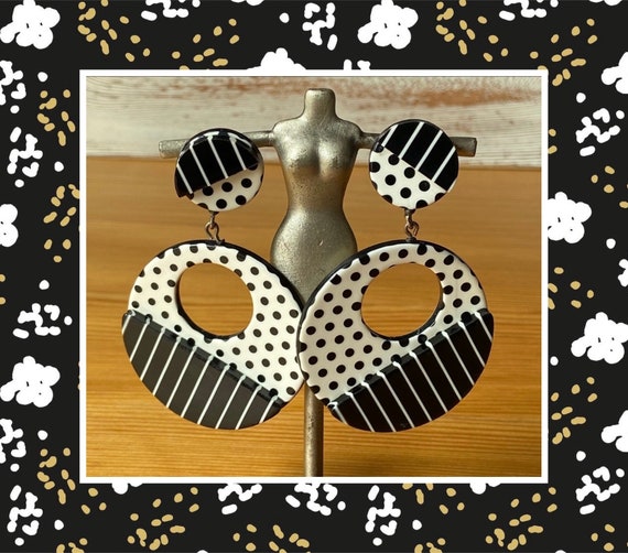 Black And White Clips,1960's Drop Earrings,Birthd… - image 1