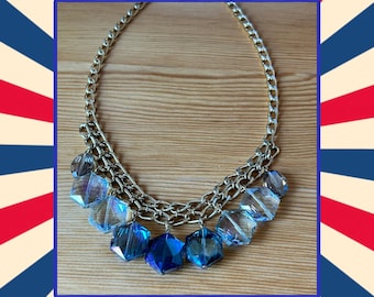 Faceted Glass Crystal Vintage Necklace, Glass Runway Necklace,Clear Glass Beads