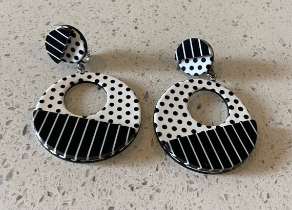 Black And White Clips,1960's Drop Earrings,Birthd… - image 6