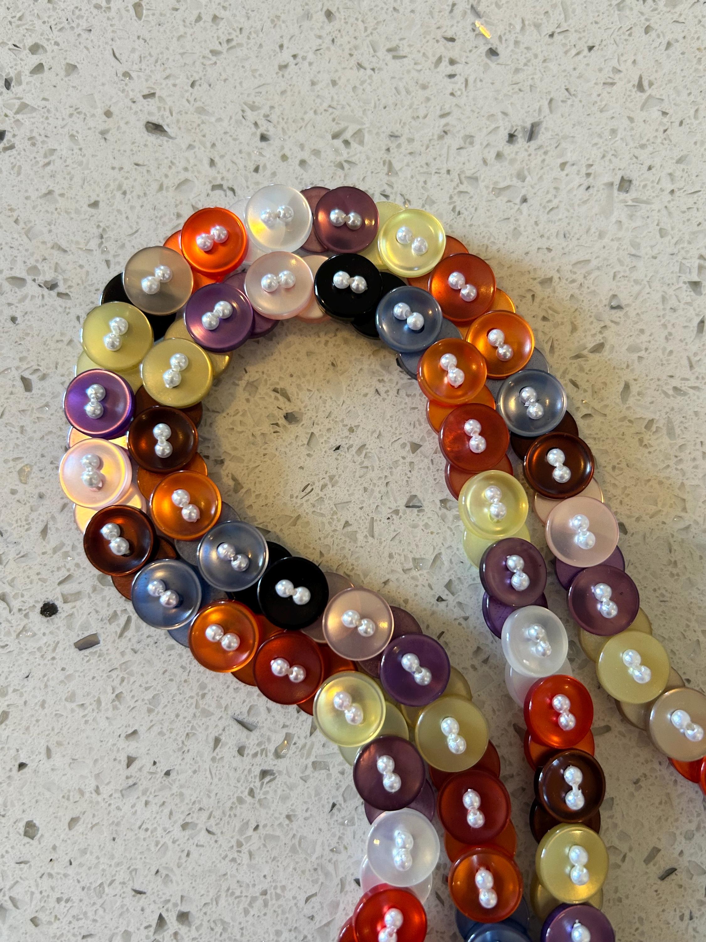 Vintage Colorful Button Necklace, Pearl Seed Beads, 30