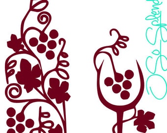 Decorative Wine Glass and Bottle - Grape Leaves & Grapevine - Vector Graphic - Personal Use - pdf, svg, png -  Cutting File, Clip art